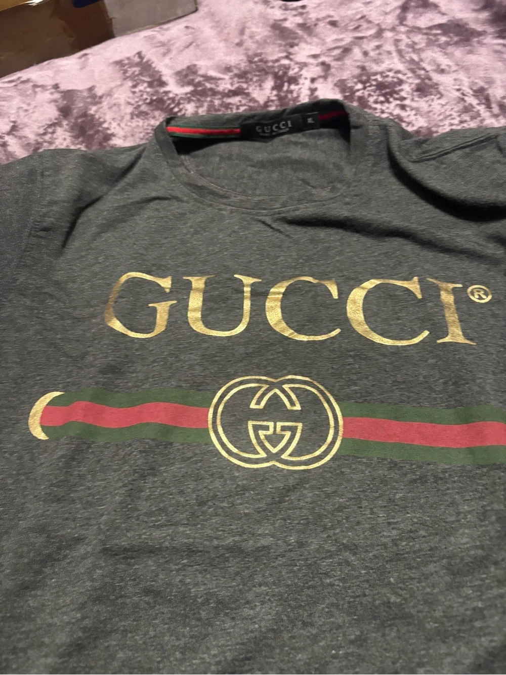 Gucci Charcoal Gray Logo Crewneck Tee with Red and Green Stripe